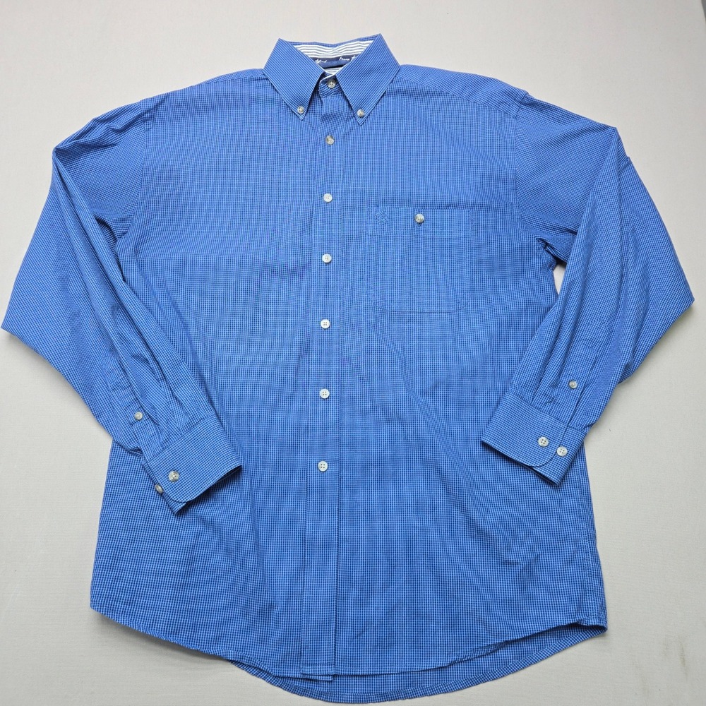 Wrangler Shirt George Strait Cowboy Cut Micro Check Blue Men Size M Button Down
